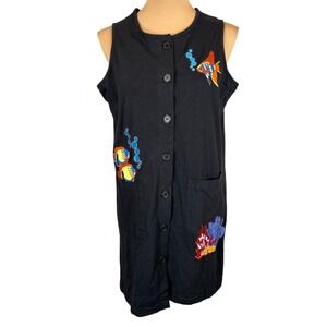Adorable CZ Cover Ups Embroidered Fish Sleeveless Dress Black Pockets Small‎